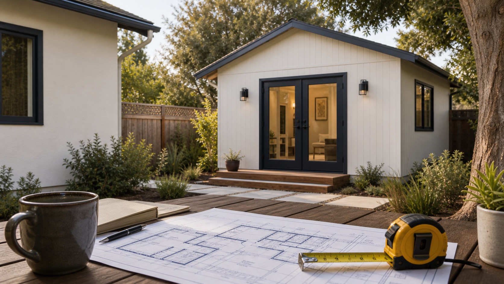 California backyard ADU with printed planning sheets for an ADU basics guide.