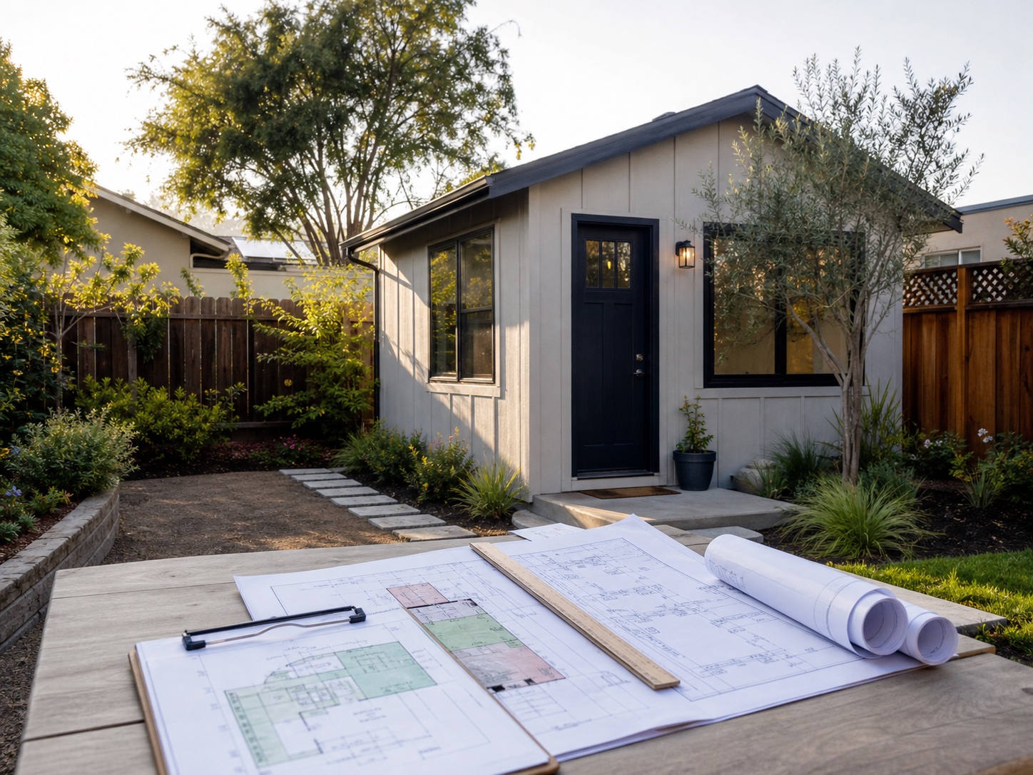 Detached backyard ADU beside an ordinary California single-family home.