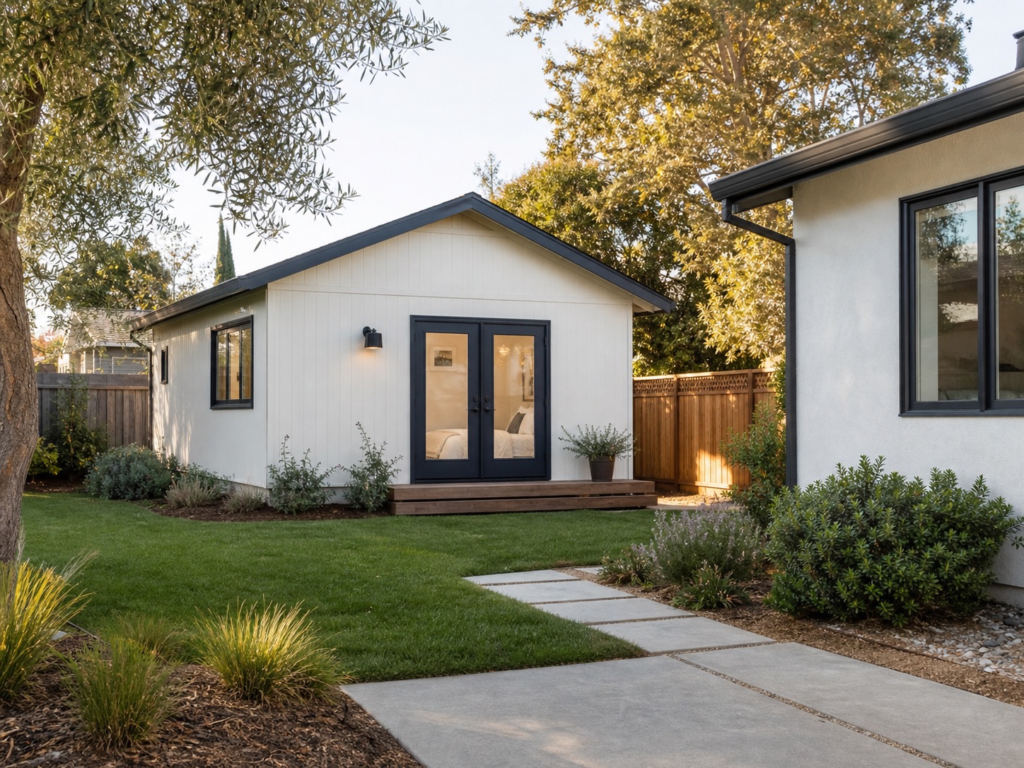 Detached studio ADU in the backyard of an ordinary California home.