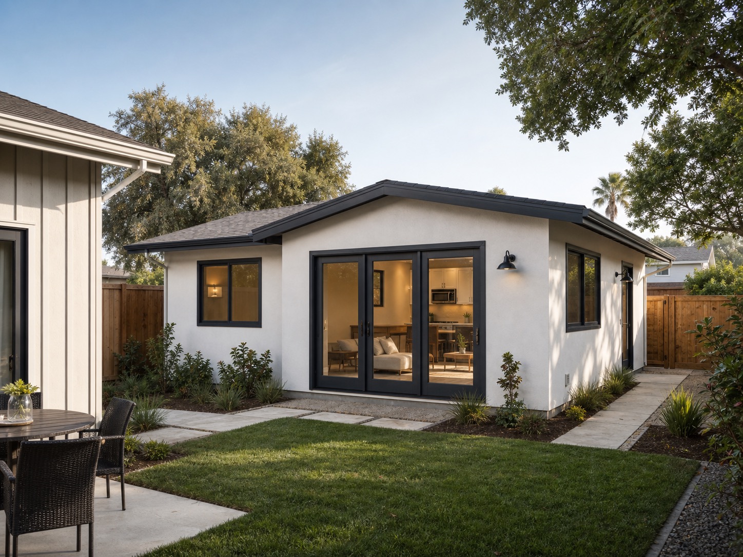 One-story two-bedroom backyard ADU on a modest California lot.
